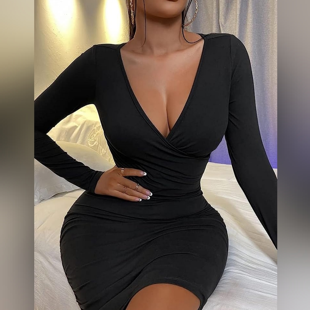 ZileZile Women's Sexy Bodycon Long Sleeve Ruched Deep V Neck Wrap Club M… - Picture 7 of 9
